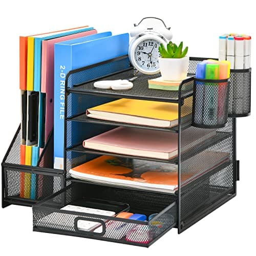 Marbrasse Desk Organizer with File Holder, 5-Tier Paper Letter Tray Organizer with Drawer and 2 Pen Holder, Mesh Desktop Organizer and Storage with Magazine Holder for Office Supplies(Black) image