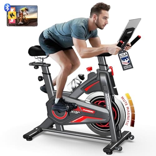 HARISON Exercise Bike, Stationary Bike for Home 350 lb Weight Capacity, Magnetic Workout Bike with Bluetooth App, Brake Pad Indoor Cycling Bike with Tablet Mount & Comfortable Seat Cushion image