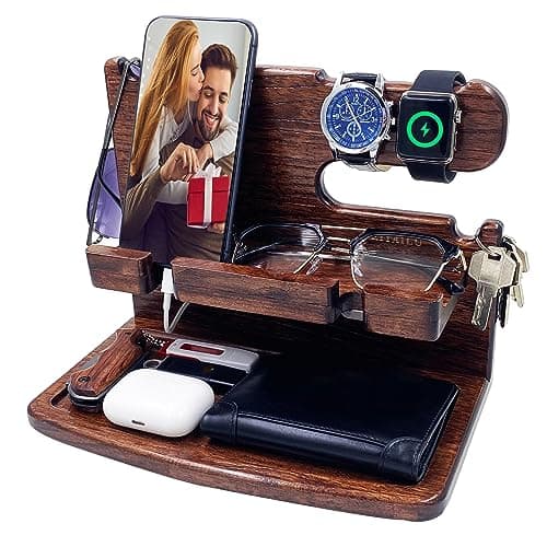 VEIYAILU Gifts for Men Women Dad Husband Boyfriend Wood Phone Docking Station Nightstand Organizer for Men Birthday Gifts (Dark Brown) image