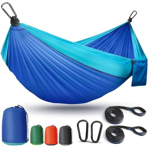 Camping Hammock Lightweight, Portable Hammocks Parachute Hammock with Two Tree Straps, Single or Double Travel Swing Nylon Camp Hammocks, Outdoor Essentials for Beach Backpacking Hiking, Blue image
