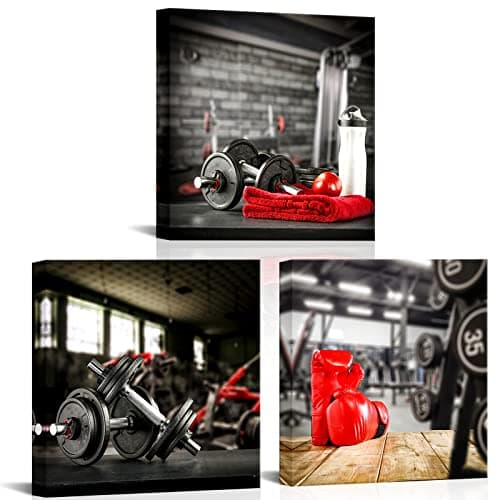LyerArtork 3 Panel Dumbbells and Red Boxing Glovers on Table Picture Prints Canvas for Modern Gym Fitness Room Wall Decor Sports Themed Artwork Framed for Boys Room 16x16inchx3pcs image