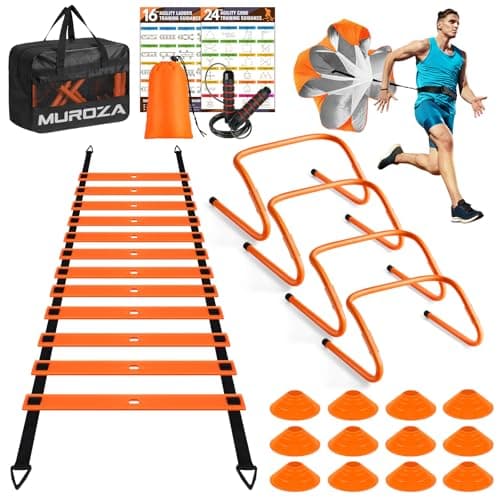 Agility Ladder Speed Training Equipment Set-20 ft Agility Ladder, 12 Soccer Cones, 4 Hurdles, Jump Rope, Running Parachute image