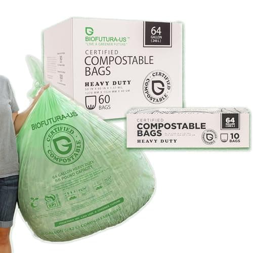 BIOFUTURA US Certified Compostable Lawn Leaf Bags, 64 Gallon, 10 Count, 47 x 60 Inches, Heavy Duty 1.57 Mils image