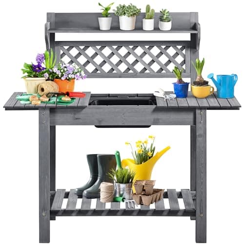 Yaheetech Potting Bench Table Outdoor Garden Potting Table Wooden Workstation w/Sliding Tabletop Removable Sink w/Storage Shelf Flower Pot Bench Mobile Garden Potting Bench Gray image