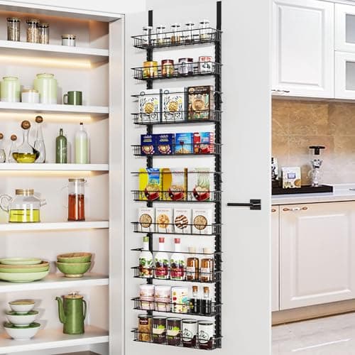 Churboro Over the Door Pantry Organizer Rack with 9 Adjustable Baskets, 9 Tiers Dual-use Hanging or Wall Mount Spice Rack Organizer, Black image