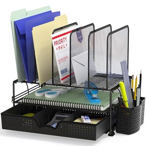Simple Houseware Mesh Desk Organizer with Sliding Drawer, Double Tray and 5 Upright Sections, Black image