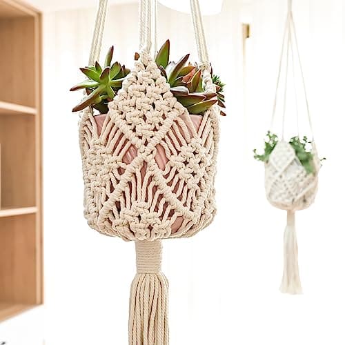 XINBOR Hanging Planter with Patterns,2Packs Macrame Plant Hangers Indoor Macrame for up to 8 inch Pot Crochet Boho Plant Hanger Holder for Indoor Outdoor with 2S Shaped Stainless Steel Hooks (White) image