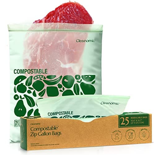 Cleanomic Compostable* Gallon Size Food Storage Bags (25 Eco Zip) Freezer and Leak Proof, Also Available Quart, Snack and Sandwich Bags image