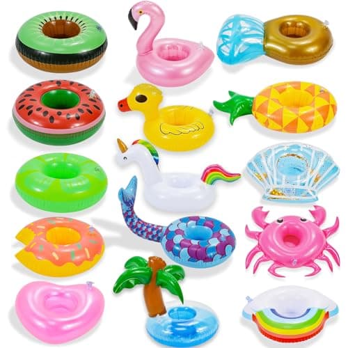 Inflatable Drink Holder, 15 Pack Drink Floaties for Pool, Pool Drink Floats for Hawaii Themed Pool Parties Cute Flamingo Inflatable Cup Holders Coasters image