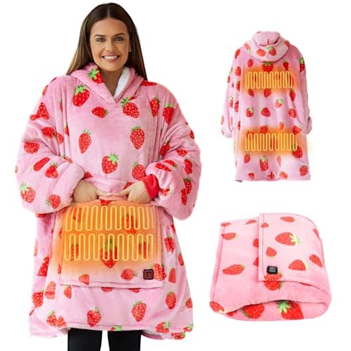 Cootway Heated Wearable Blanket Hoodie, 3 Heat Level Oversized Strawberry Blanket Hoodie for Women Without Battery Pack, Cozy Warm Sweatshirt Blanket, USB Heating Hooded Blanket w/Sleeves&Giant Pocket image