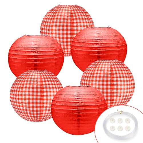 6Pcs Picnic Party Decorations Red Chinese Paper Lanterns, Hanging Paper Lanterns Decorative with Hooks and String for I Do BBQ Party Decorations(White and Red Plaid, Pure Red,12Inch) image