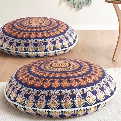 Codi Meditation Floor Pillows Set of 2, Round Large Pillow Seating for Adults, Bohemian Mandala Circle Floor Cushion for Outdoor Fireplace Yoga Living Room, 32 Inch, Yellow Memory Foam Added image