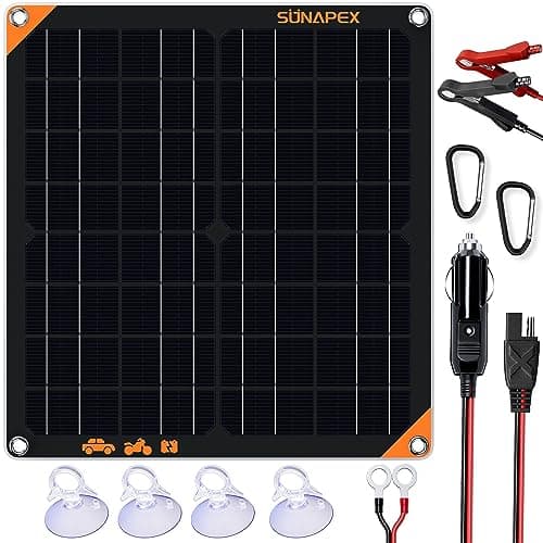 SUNAPEX 20W 12V Solar Panel Battery Charger Maintainer, Portable Waterproof Solar Trickle Charger with Built-in Charge Controller, Cig Plug, Alligator Clips, O-Rings for Car, Truck, Tractor, Boat, etc. image