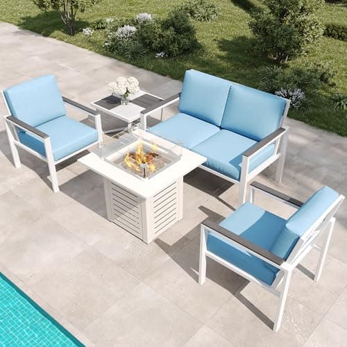 MAISON BACKYARDS 5-Piece Modern Patio Furniture Set with Fire Pit Table, Metal Outdoor Sectional with Cushions & Wood-Like Armrests, Cozy Conversation Set for Porch, Balcony, Garden, Yard (White) image
