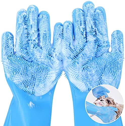 Pecute Pet Grooming Gloves - Heat Resistant Silicone Gloves with High-Density Teeth, Enhanced Five Finger Design for Bathing and Massaging Dogs and Cats, Blue image