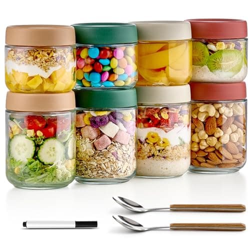 Qipecedm 8 Pack Overnight Oats Containers with Lids, Large & Small Glass Mason Jars 16oz & 10 oz, Breakfast Oatmeal Container to Go, Salad Meal Prep Jars for Food Storage, Mush Chia Seed Pudding Jars image