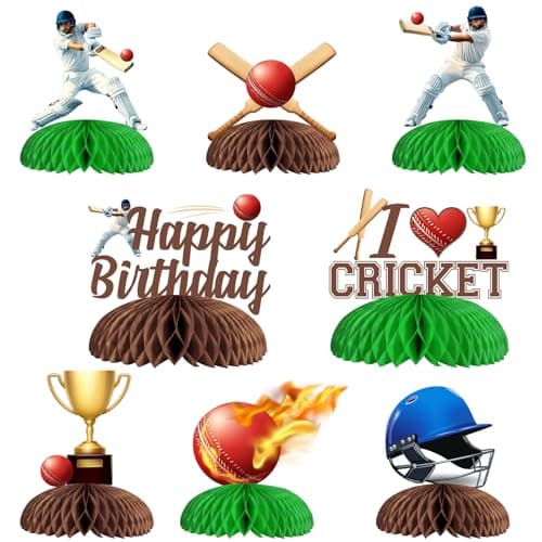 Jollyboom Cricket Birthday Decorations, 8pcs Cricket Ball Theme Honeycomb Centerpiece Sports Theme Happy Birthday Party Table Decorations for Cricket Theme I love Cricket Birthday Party Supplies image