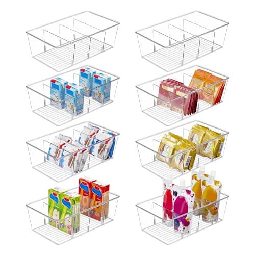 Vtopmart 8 Pack Food Storage Organizer Bins, Clear Plastic Bins for Pantry, Kitchen, Fridge, Cabinet Organization and Storage, 4 Compartment Holder for Packets, Snacks, Pouches, Spice Packets image