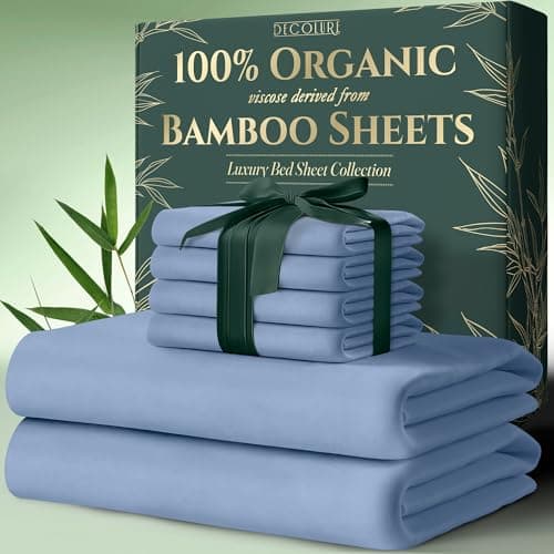 DECOLURE 100% Organic Viscose Derived from Bamboo Sheets Queen Size 6pcs - Ultra Soft & Luxuriously Cooling, 17" Deep Pocket, Double Stitching, Perfect for Hot Sleepers - Queen Bed Sheets (Light Blue) image