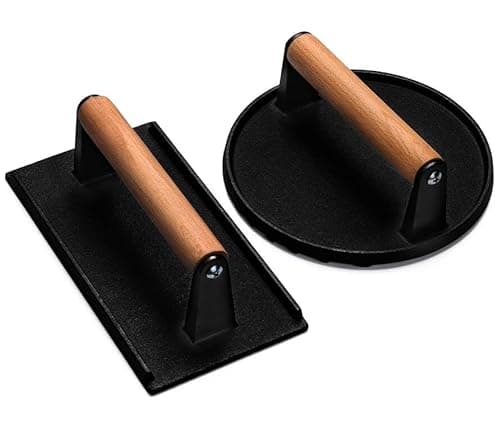 EWFEN Burger Press, 7" Round & 8.2"X4.3" Rectangle Heavy-Duty Cast Iron Smash Bacon Press Meat Steak with Wood Handle for Griddle, Sandwich, Nonstick Pan image