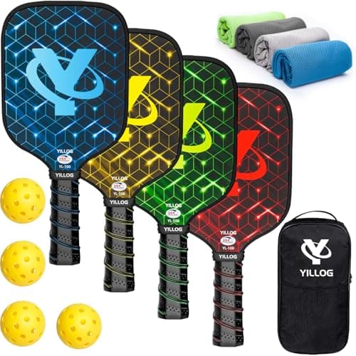 YILLOG Pickleball Paddles,USAPA Approved Pickleball Paddle Set 4,Fiberglass Surface Pickleball Set,4 Pickleball Balls,4 Cooling Towels,Bag,Pickle Ball Paddle Men Women Red/Blue/Green/Yellow image
