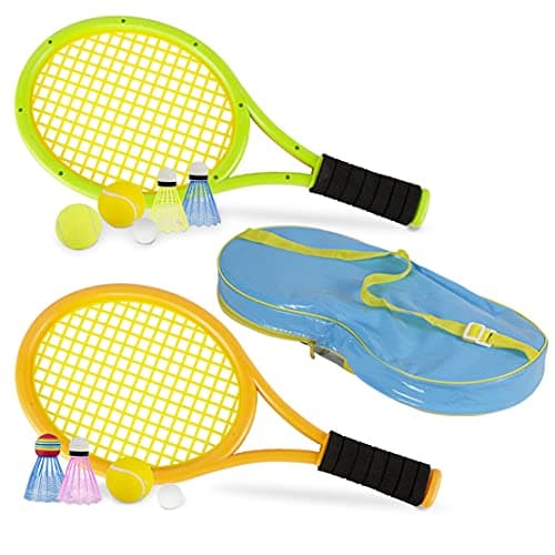 Kids Tennis Rackets with Carrying Bag, Soft Training Balls and Badminton Birdies, 12 in 1 Tennis Racquets Gift Set for Children Outdoor Indoor Sports (Green+Yellow, Plastic, 17inch) image