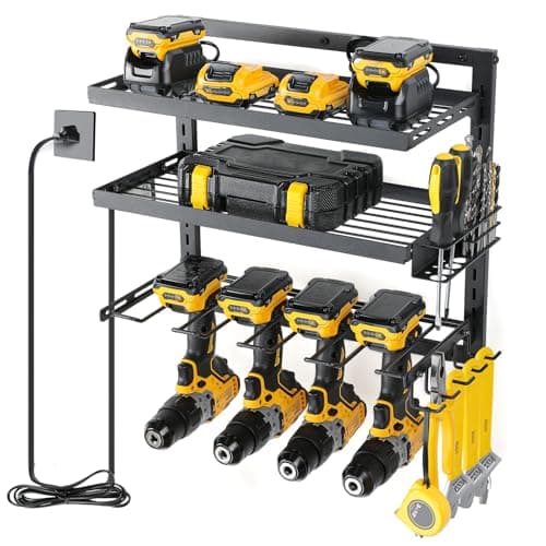 COFIT Power Tool Organizer with Adjustable Height 3-Tier Iron Tool Rack and Wall Mount Charging Station for Drill and Garage Workshop image