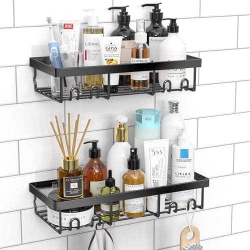 Moforoco Shower Caddy Shelf Organizer Rack, Self Adhesive Black Bathroom Shelves Basket, Home Farmhouse Wall Inside Organization and Storage Decor Rv Accessories, First Camper Apartment Essentials image