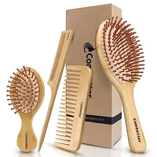 Combetter Bamboo Hairbrush and Comb Set - Eco-Friendly Natural Paddle Detangler Brush with Scalp Massage, Reducing Frizz&Promoting Healthy Hair Growth image