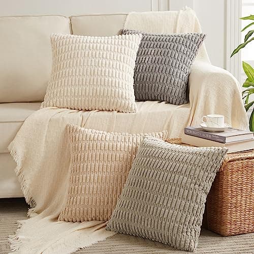 Fancy Homi 4 Packs Neutral Decorative Throw Pillow Covers 18x18 Inch for Living Room Couch Bed Sofa, Rustic Farmhouse Boho Home Decor, Soft Plush Striped Corduroy Square Cushion Case 45x45 cm image