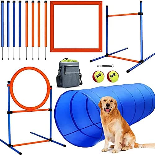 JMMPOO Dog Agility Training Equipment, 60-Piece Dog Obstacle Course Training Starter Kit Pet Outdoor Game with Tunnel, Agility Hurdle, Weave Poles, Jump Ring, Pause Box, Toy Balls and Storage Bag image