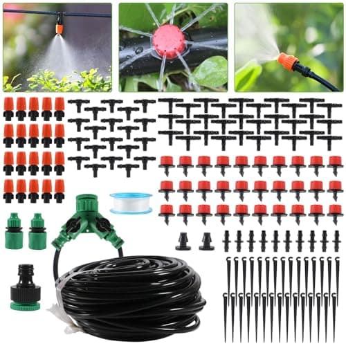 98FT Drip Irrigation System, Micro Garden Drip Irrigation System with 1/4 inch Tubing & Adjustable Misting Nozzle Sprinkler, Automatic Watering System for Greenhouse, Yard, Lawn, Plant image