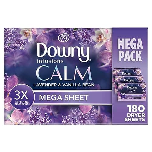 Downy Infusions Mega Dryer Sheets, Laundry Fabric Softener, CALM, Lavender and Vanilla Bean, 180 Count (3 box of 60 sheets) image