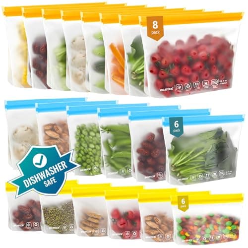 IDEATECH 20Pack Reusable Bags Dishwasher Safe, Leakproof Reusable Freezer Bags, BPA Free Healthy Food Storage Containers Sandwich Snack Baggies for Lunch Travel(8 Gallon 6 Quart 6 Snack,Colored) image