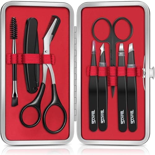 TsMADDTs Eyebrow Kit, 8 in 1 Eyebrow Trimmer Scissors, Tweezers for Women, Razor, Brush with Travel Bag, Tweezers Set for Women and Men, Professional Shaping Grooming Kit image