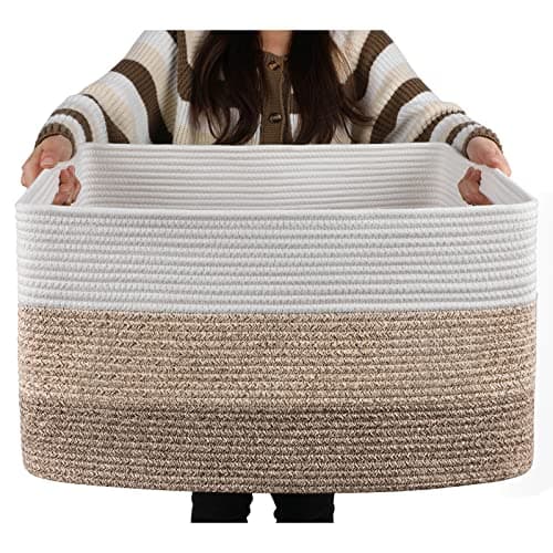 OIAHOMY Large Blanket Basket, Rectangle Woven Baskets for Storage, Nursery Blanket Basket Living Room, Toy Basket With Handle, Large Baskets for Organizing-22”x17”x12”-Gradient Yellow image