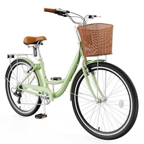 MOONCOOL Womens Bike 7 Speed, 24 26 inch Beach Cruiser Bikes for Women, Step Through Adult Bicycle with Front Basket for City Commuting image