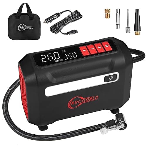 ROCGORLD R8 Tire Inflator Portable Air Compressor, DC 12V Air Compressor Portable with Large Dual Digital Screen, 3X Faster Inflation Air Pump for Car, Bike, Ball, Motor image