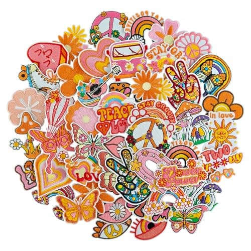 GYGYL 48Pcs Hippie Vintage Iron on Patches, Retro Aesthetics Applique Embroidered Sew on/Iron on Patches for Backpacks, Clothes, Dress, Hat, Jeans, Pant, Shoe, Bags image