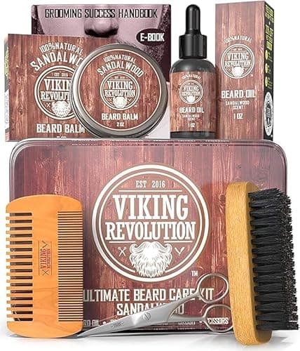 Viking Revolution Ultimate Grooming Kit for Men - Boar Brush, Wood Comb, Sandalwood Balm & Oil, Scissors for Beard & Mustache image