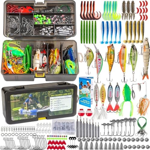 THKFISH Fishing Lures Kit, Bass Fishing Gear Kit for Freshwater Tackle Box with Tackle Included Topwater Baits, Spinner Bait, Frog, Hooks/Weights Accessories Gift for Adults image