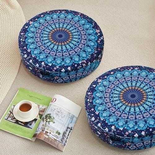 PRIMEPATIO Moroccan Floor Pillows for Adults, 2 Pack Outdoor Waterproof Floor Cushions Sitting, Boho Large Meditation Cushion Seating Bohemian, Mandala Seat Cushion, Round image