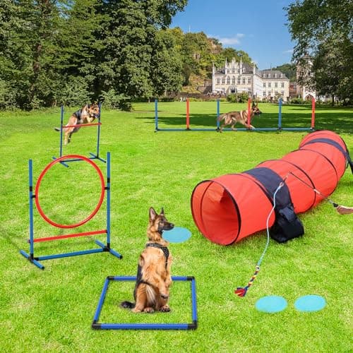 YITAHOME Dog Agility Training Equipments: Includes Flirt Pole Accessorie, 3 Flying Discs, 1 Agility Tunnel, 2 Jumps, 6 Weave Poles, Pause Box, Dog Agility Course Backyard Set Indoors Outdoors image