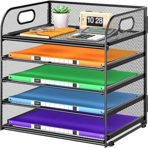 Cawukege 5 Tier Paper Organizer with Handle, Metal Mesh Desk Organizer File Folder Paper Letter Tray Desktop Document Sorter for Classroom, School, Office Accessories Organization and Storage - Black image