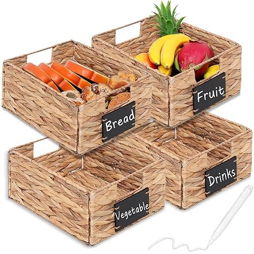 Rectangular Seagrass Baskets Hanging Storage Baskets Kitchen Storage Organizers,Foldable Water Hyacinth Basket,Woven Pantry Bin with Labels&White Chalk Markers,Set of 4 Pcs,10.8x9x4.9inch image