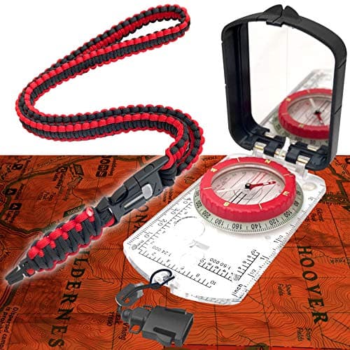 PREPARED4X Hiking Compass Survival – Mirror Sighting Map Orienteering Compass – with 35-Ft 550 Survival Paracord Lanyard, Fire Starter, Whistle, Fishing Line, Tinder Cord image