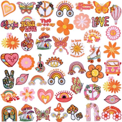 Tigeen 48 Pcs Groovy Retro Hippie Chenille Iron on Patches Vintage Boho Iron on Embroidered Patches Bulk for Hats Clothes Sew on Applique DIY Accessory for Backpack Pants Jeans image