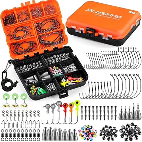 PLUSINNO 201pcs Fishing Accessories Kit, Fishing Tackle Box with Tackle Included, Fishing Hooks, Fishing Weights, Round Split Shot，Fishing Gear for Bass, Trout, Catfish image