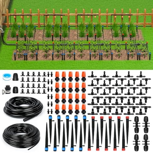 MIXC 226FT Greenhouse Micro Drip Irrigation Kit Automatic Irrigation System Patio Misting Plant Watering System with 1/4 inch 1/2 inch Irrigation Tubing Hose Adjustable Nozzle Emitters Barbed Fittings image