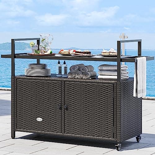 YITAHOME Large Outdoor Kitchen Wicker Island Rolling Cart & Patio Bar Table, w/Wheels and Black Glass Table Top Backyard and Poolside Dark Brown image